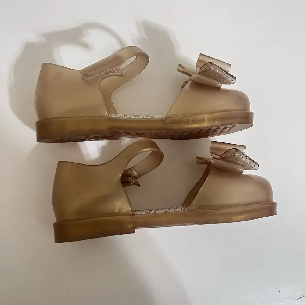 Mini Melissa Amy x Barbie Gold Mary Jane Bow Sandal Shoes Toddler Girls Size 10